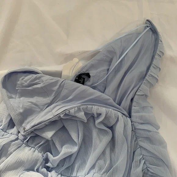 Blue Blush Powder Blue Frilly Ruffle Asymmetric Chiffon Bodycon Mini Dress L - Picture 6 of 6